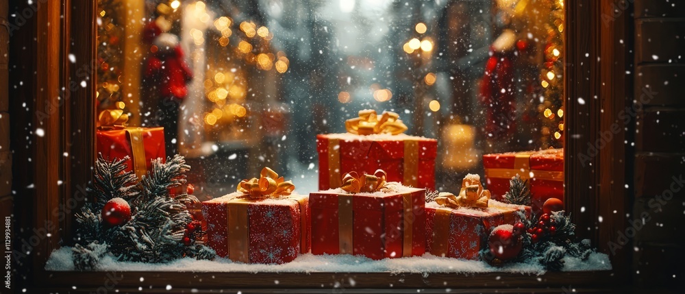 A winter-themed holiday window with snow falling outside. Inside, there are Christmas presents and holiday, Generative AI A winter-themed holiday window with snow falling outside. Inside, there are Christmas presents and holiday, Generative AI