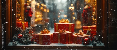 A winter-themed holiday window with snow falling outside. Inside, there are Christmas presents and holiday, Generative AI 