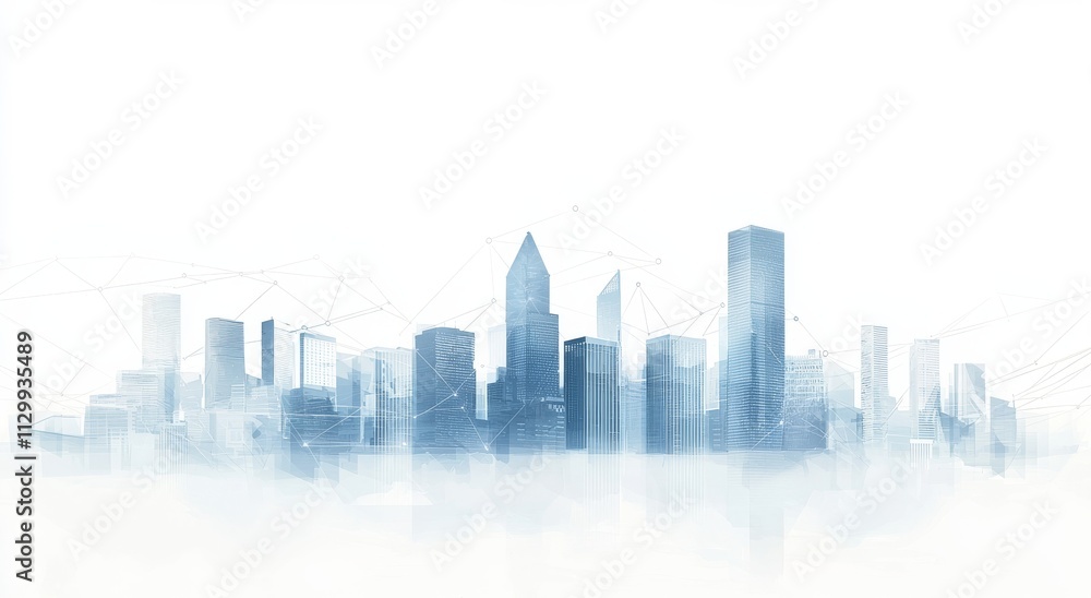White background, blue gradient city skyline with digital data connections in the foreground, white and light gray color scheme, light blue theme, digital marketing style, simple background, cityscape White background, blue gradient city skyline with digital data connections in the foreground, white and light gray color scheme, light blue theme, digital marketing style, simple background, cityscape