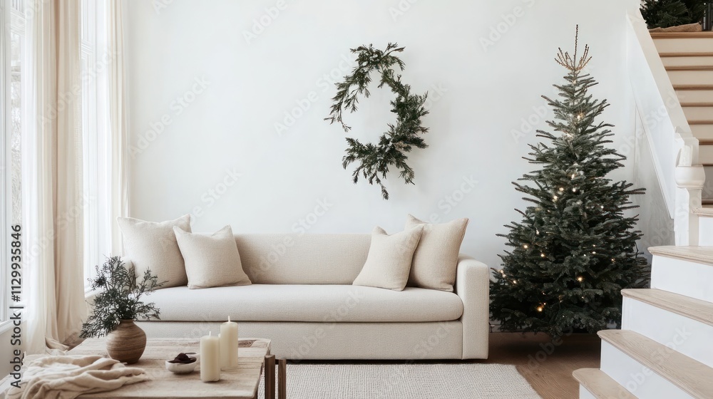 Minimalist festive decor featuring clean lines, neutral tones, and elegant greenery, Minimalist festive decor featuring clean lines, neutral tones, and elegant greenery,