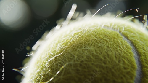 Close-up of a tennis ball's scuffed surface with detailed focus, on a grass court in early morning light, Natural style photo