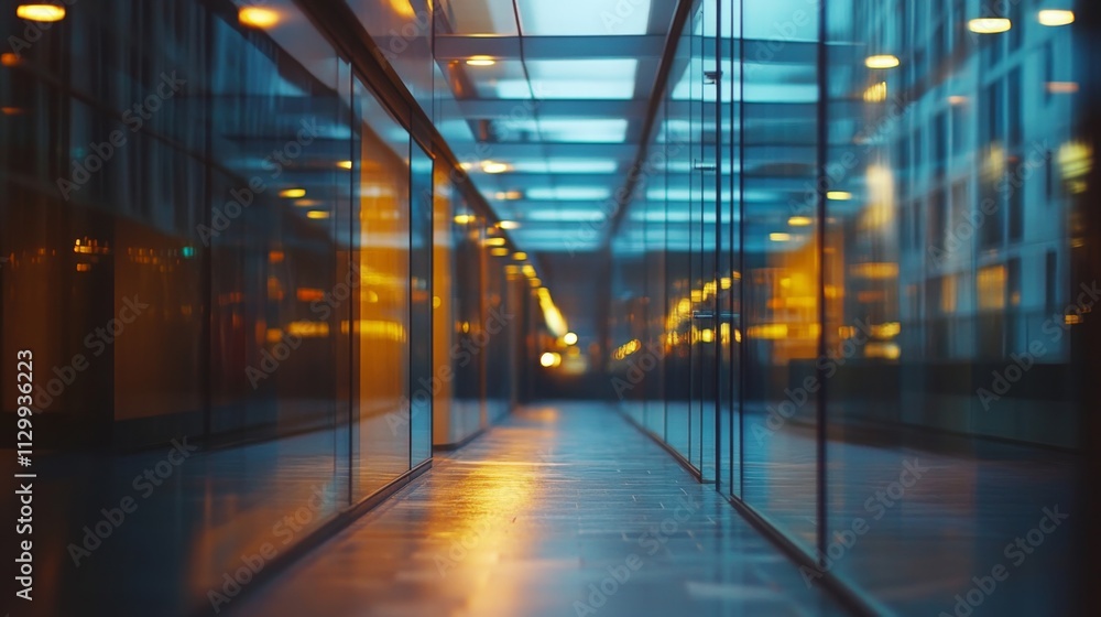 blurred office hallway, glowing ceiling lights and glass panels along the sides, subtle modern details, clean and professional, copy space blurred office hallway, glowing ceiling lights and glass panels along the sides, subtle modern details, clean and professional, copy space