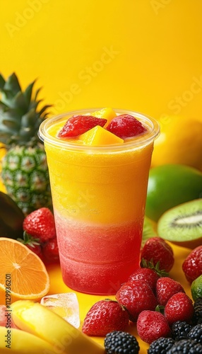 A vibrant layered smoothie in a cup, surrounded by fresh fruits on a bright yellow background.