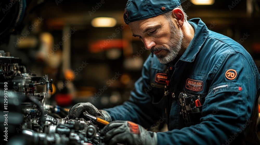 Male Mechanic Repairing Vehicle Engine in Workshop with Tools and Equipment Male Mechanic Repairing Vehicle Engine in Workshop with Tools and Equipment