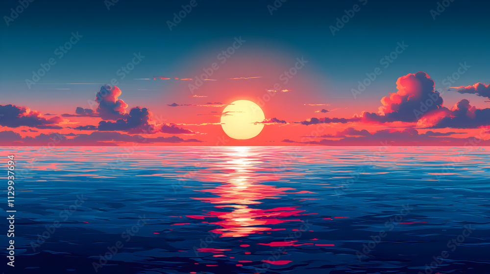 Vibrant Sunset Over Calm Ocean Water Reflecting Colors Vibrant Sunset Over Calm Ocean Water Reflecting Colors