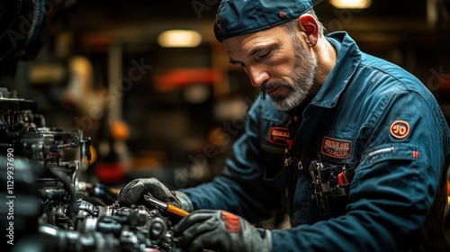 Wallpaper Mural Male Mechanic Repairing Vehicle Engine in Workshop with Tools and Equipment Torontodigital.ca