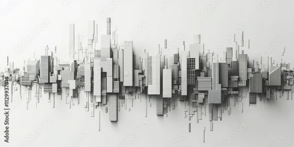 Buildings skyline made of little rectangles, no outline, minimal, digital design, ,grey tone Buildings skyline made of little rectangles, no outline, minimal, digital design, ,grey tone