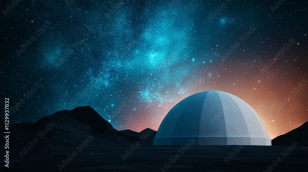 A surreal landscape featuring a dome structure under a starry sky, with vibrant blue and orange hues illuminating the scene. A surreal landscape featuring a dome structure under a starry sky, with vibrant blue and orange hues illuminating the scene.