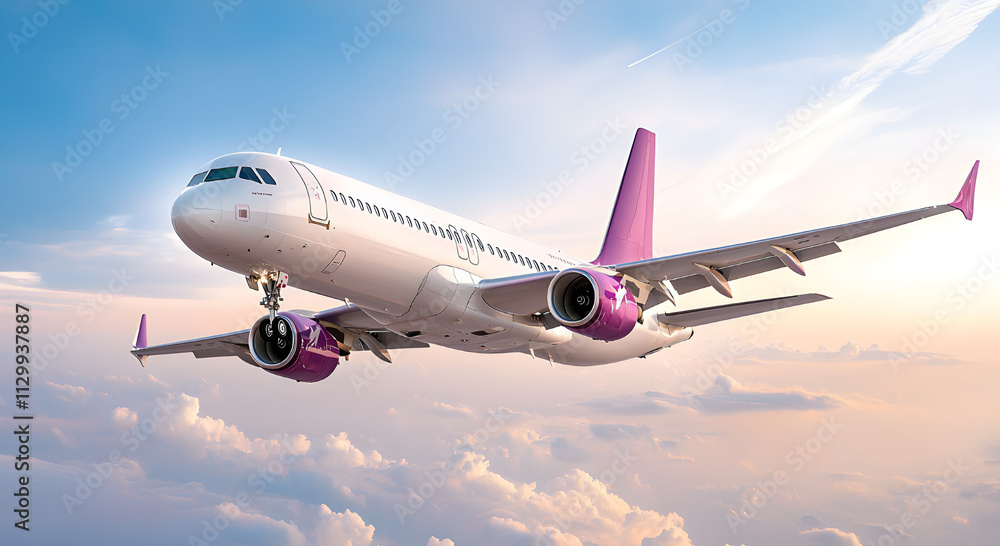 Airline ads travel concept. Airplane flying above clouds during sunset, showcasing a vibrant pink and white design. Airline ads travel concept. Airplane flying above clouds during sunset, showcasing a vibrant pink and white design.