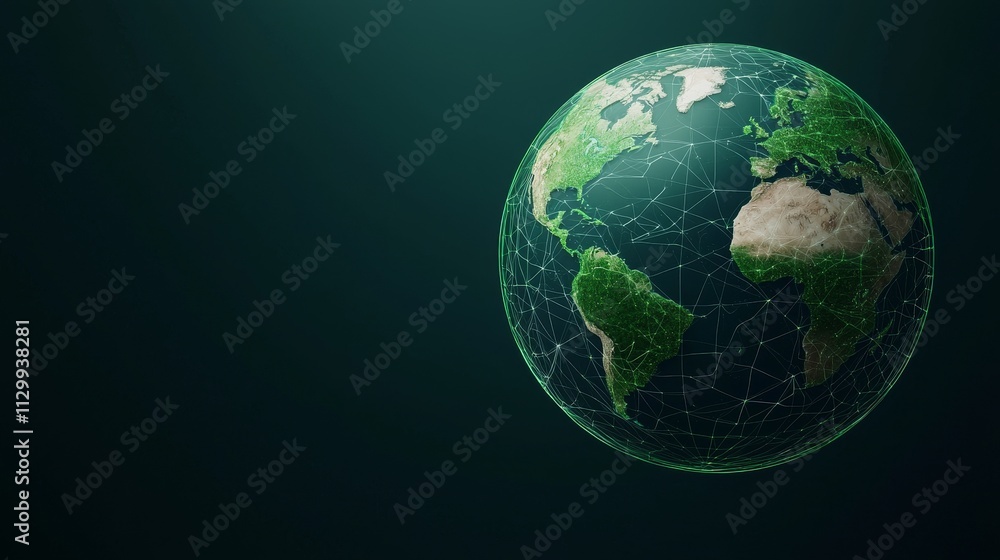 Fototapeta premium A vibrant, green 3D globe highlighting Earth's continents, symbolizing environmental awareness and sustainability.
