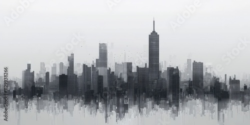 Buildings skyline made of little rectangles, no outline, minimal, digital design, ,grey tone 