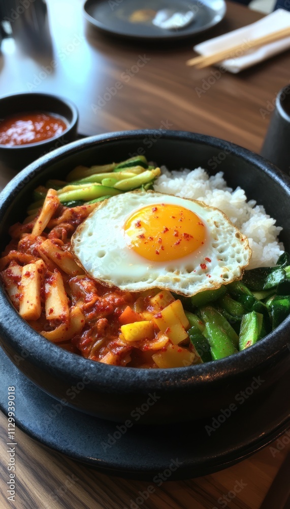 A vibrant bowl of bibimbap with vegetables, rice, and a fried egg. A vibrant bowl of bibimbap with vegetables, rice, and a fried egg.