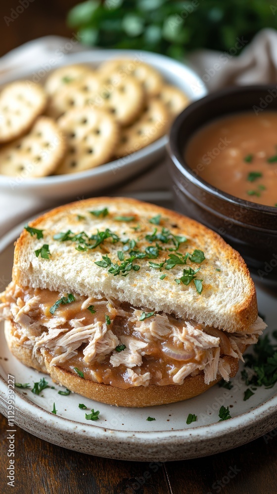 A hearty sandwich with shredded chicken, served with soup and crackers. A hearty sandwich with shredded chicken, served with soup and crackers.