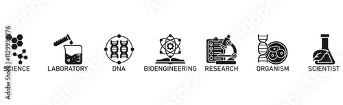 Biotechnology banner web icon vector illustration concept with icon of science, laboratory, dna, bioengineering, research, organism, and scientist