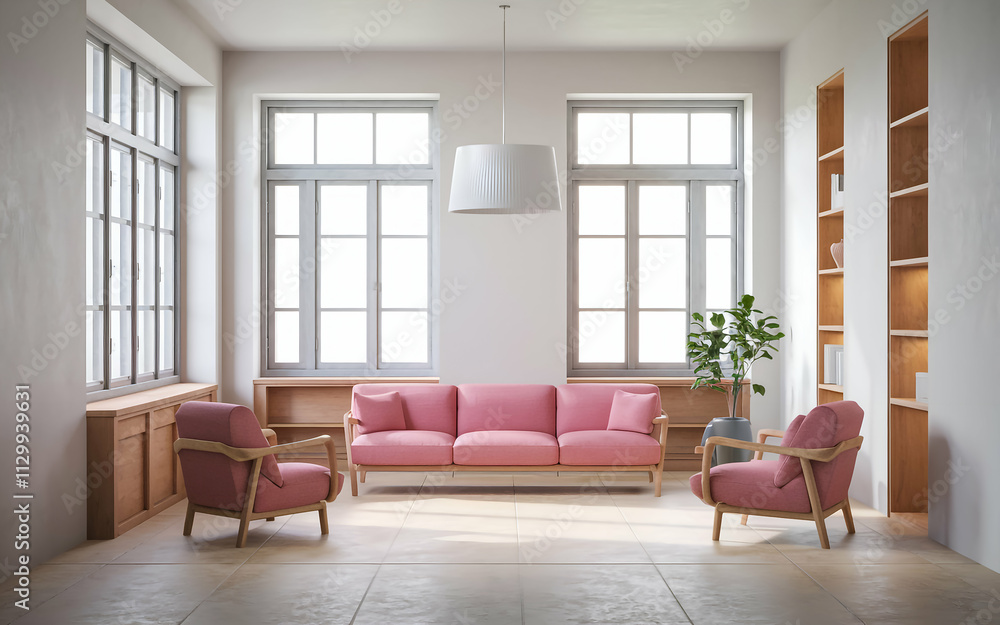 Fototapeta premium modern living room with a large pink sofa and two pink armchairs. The room has wooden , including a wooden coffee table and a bookshelf. There is a potted plant near the window