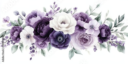 Fototapeta Naklejka Na Ścianę i Meble -  Watercolor floral bouquet illustration with purple white lavender peonies roses ranunculus green leaves for wedding greeting cards backgrounds