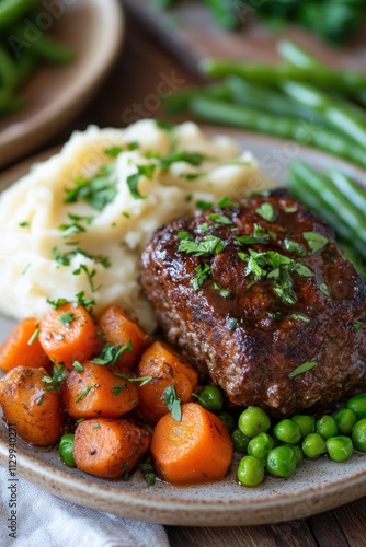 A delicious plate featuring meatloaf, mashed potatoes, carrots, and peas garnished with herbs.