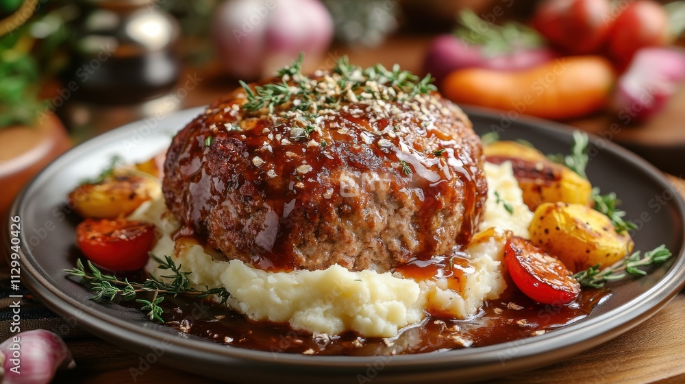 A hearty meatloaf served over creamy mashed potatoes with roasted vegetables and garnishes. A hearty meatloaf served over creamy mashed potatoes with roasted vegetables and garnishes.