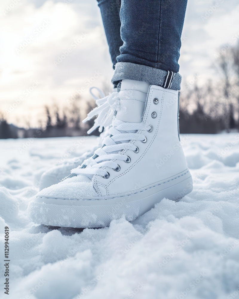 White Metallic Studded High-Top Sneakers on Snowy Landscape for Fashion Retail Marketing or Winter Apparel Promotion White Metallic Studded High-Top Sneakers on Snowy Landscape for Fashion Retail Marketing or Winter Apparel Promotion