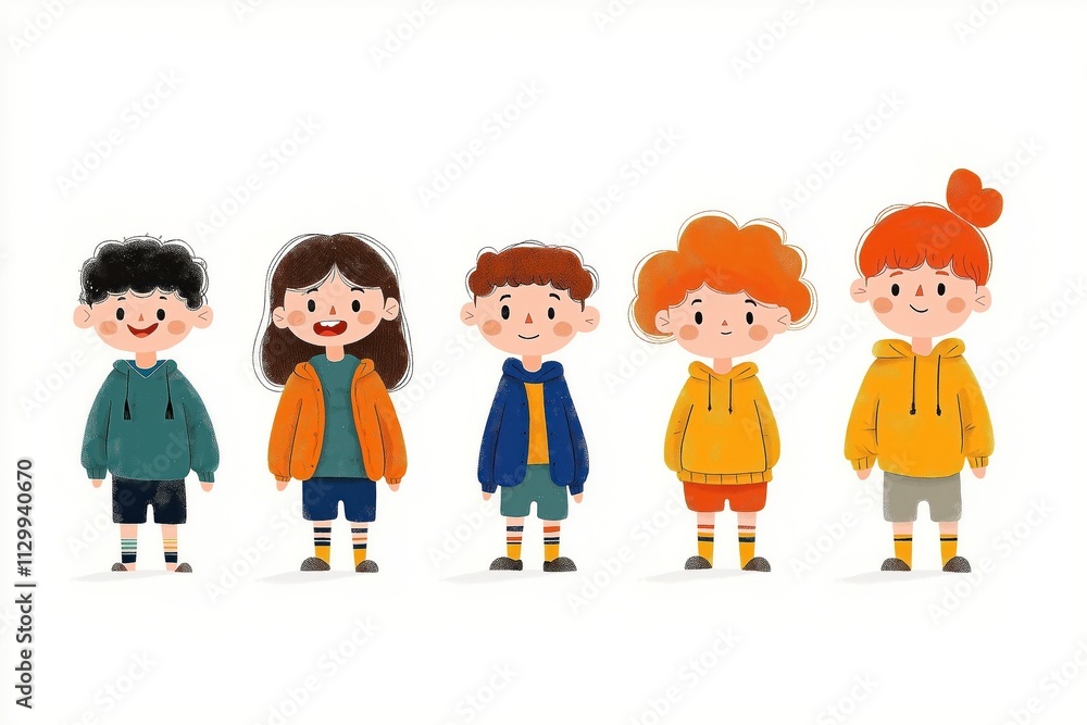 Colorful cartoon kids stand in row. Diverse children wear bright clothes. Playful expressions. Poses. Fun illustration. Perfect for kids products. Ideal for children books. Suitable for educational Colorful cartoon kids stand in row. Diverse children wear bright clothes. Playful expressions. Poses. Fun illustration. Perfect for kids products. Ideal for children books. Suitable for educational