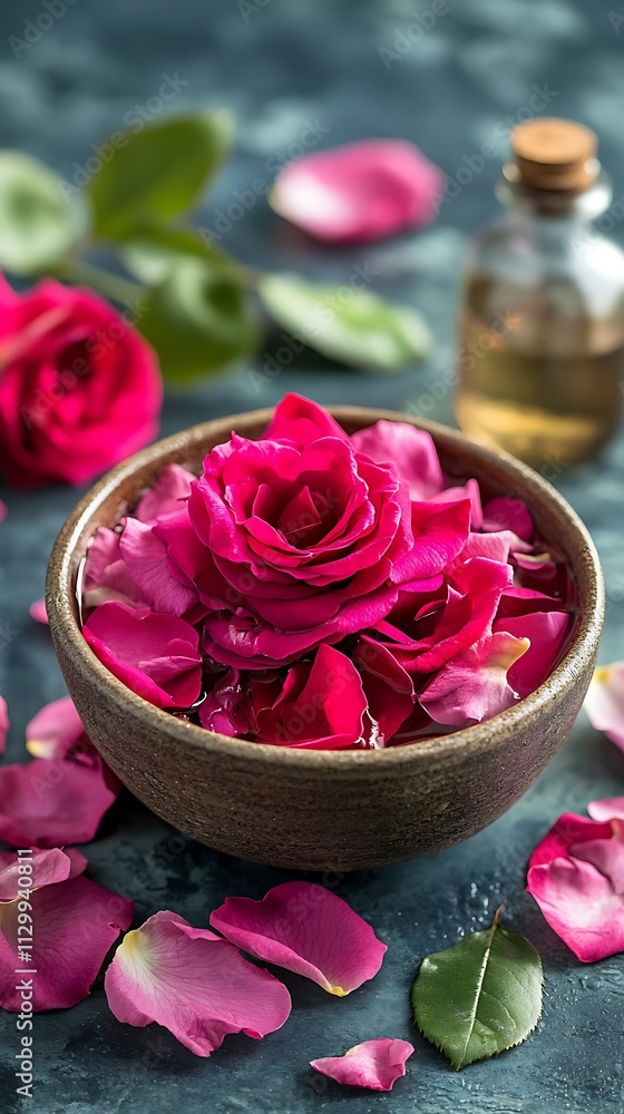 Rose water with rose petals on a wooden background Rose water with rose petals on a wooden background