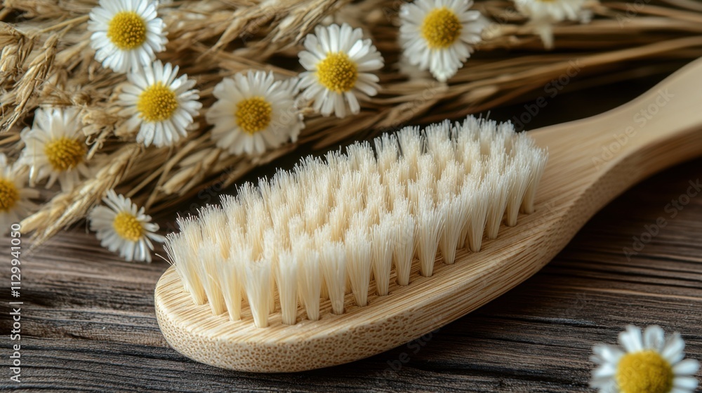 Natural Wooden Brush with Daisies and Wheat on Rustic Wood Background Still Life Home Decor Minimalist Close-Up Eco-Friendly Concept Natural Wooden Brush with Daisies and Wheat on Rustic Wood Background Still Life Home Decor Minimalist Close-Up Eco-Friendly Concept
