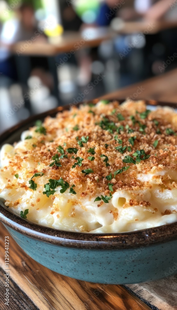 A bowl of creamy macaroni and cheese topped with breadcrumbs and herbs. A bowl of creamy macaroni and cheese topped with breadcrumbs and herbs.