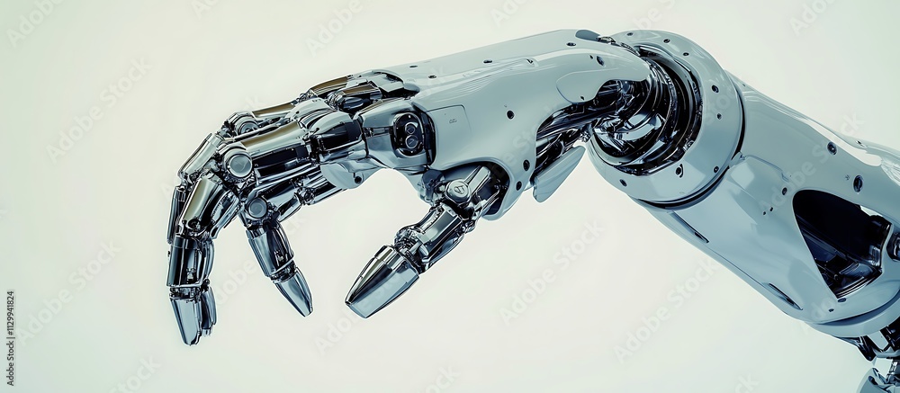 A high-tech robot arm working on precision assembly in an advanced factory, sleek metallic design and robotic movements captured in vivid detail, set against a smooth white backdrop.