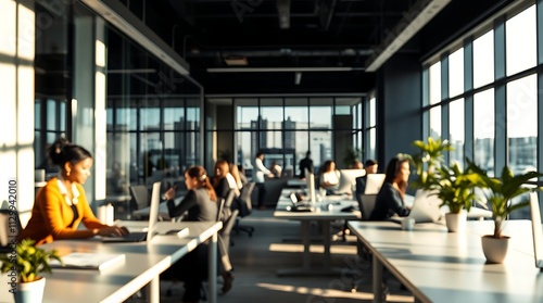 A blurred office scene with people working behind a glass wall, symbolizing a modern, dynamic workspace and focused productivity.

