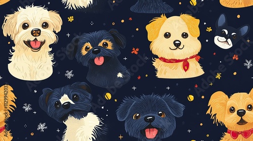 random dog expression seamless pattern with christmast decoration in black background photo