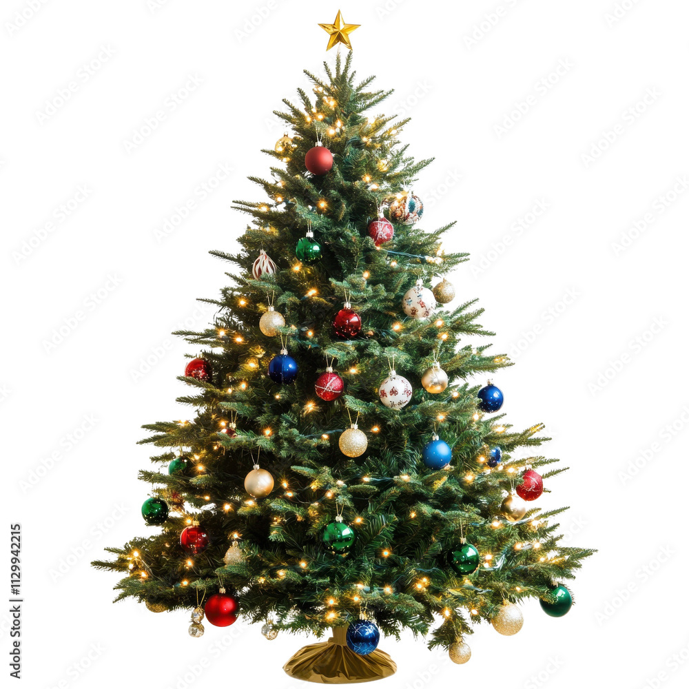 Decorated Christmas tree isolated on white background with ornaments and gifts Decorated Christmas tree isolated on white background with ornaments and gifts