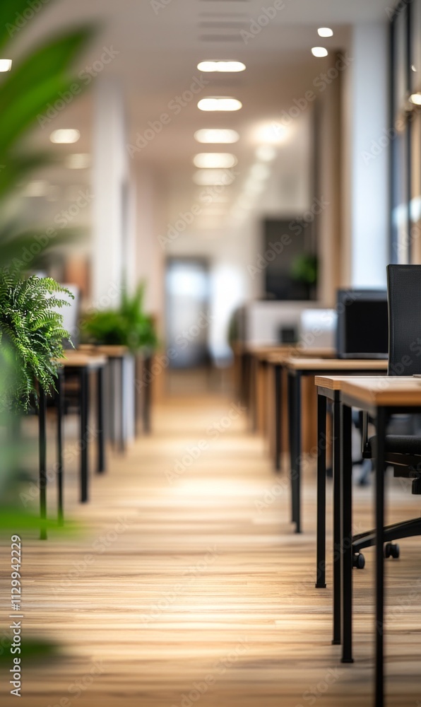 office room perspective with a blurred background, desks and a hallway subtly visible, bright and soft lighting, modern minimalistic design, copy space office room perspective with a blurred background, desks and a hallway subtly visible, bright and soft lighting, modern minimalistic design, copy space
