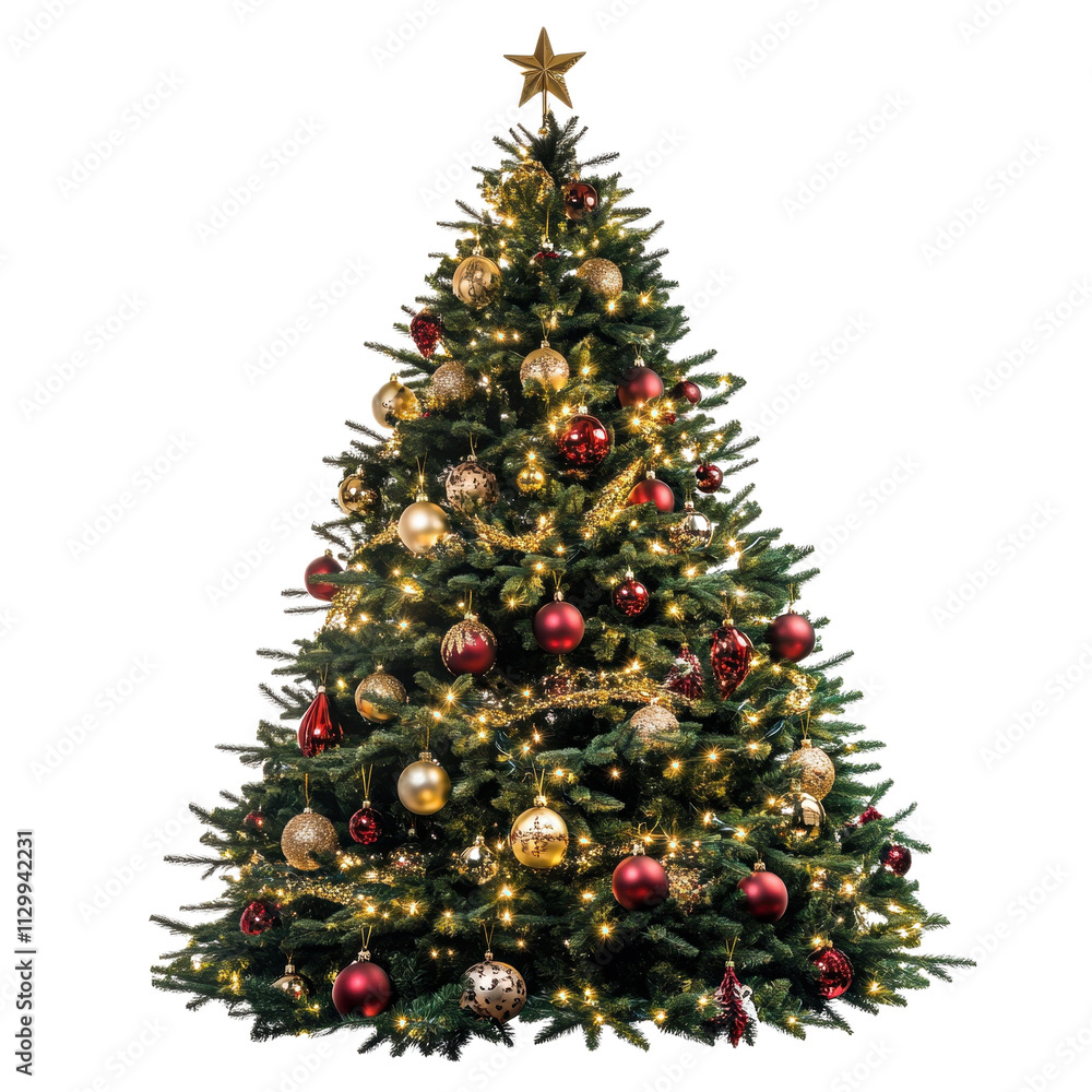 Decorated Christmas tree isolated on white background with ornaments and gifts Decorated Christmas tree isolated on white background with ornaments and gifts