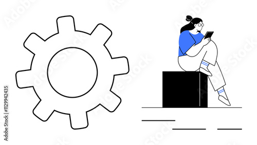 Large gear cog symbolizing technology beside woman reading tablet while seated on block. Ideal for tech, innovation, automation, education, productivity, digital transformation, self-improvement