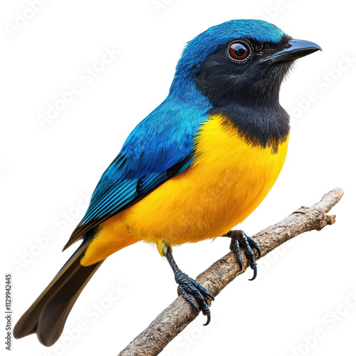 A colorful lilac roller and a blue and yellow macaw perched on a branch in a tropical setting photo