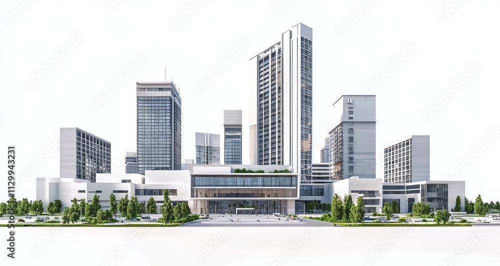 White background, city center with buildings and skyscrapers around it White background, city center with buildings and skyscrapers around it