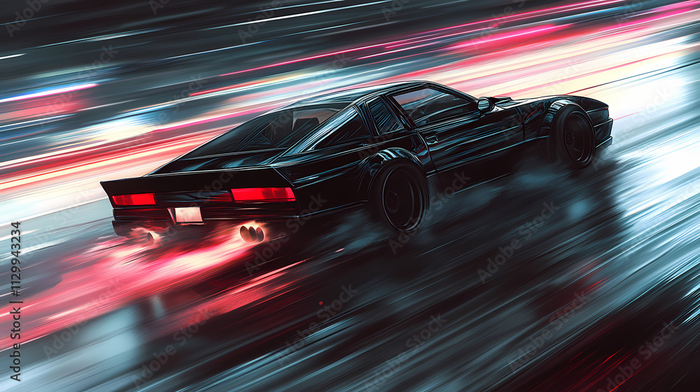 A black car driving on the road, with a blurred background. Drift. Illustration A black car driving on the road, with a blurred background. Drift. Illustration
