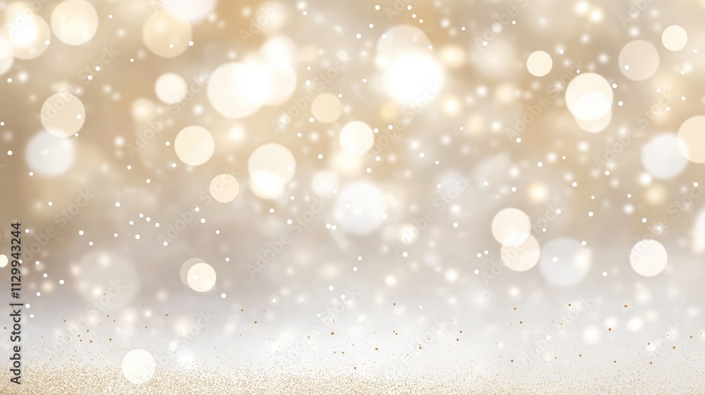 Abstract background with bokeh lights, glitters. Soft white, gold tones create festive ambiance. Shining particles, glowing light effects create celebratory mood. Suitable for design projects needing Abstract background with bokeh lights, glitters. Soft white, gold tones create festive ambiance. Shining particles, glowing light effects create celebratory mood. Suitable for design projects needing