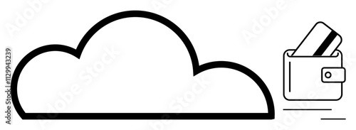 Cloud shape next to a wallet containing a credit card, representing financial transactions, online banking, or e-commerce. Ideal for fintech, cloud services, digital wallet, online purchases, secure