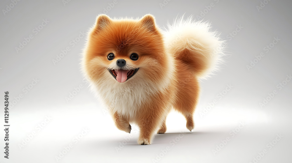 A cute little dog with a pink tongue is walking on a white background A cute little dog with a pink tongue is walking on a white background