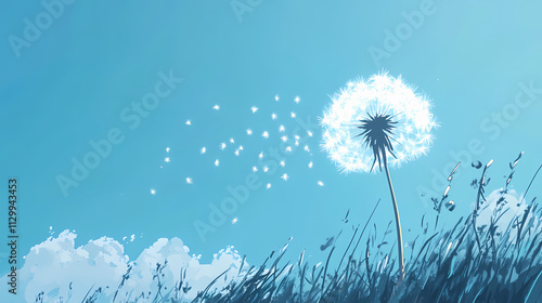 A dandelion clock being gently blown by a whispering breeze, seeds dispersing into the clear blue sky. Drift. Illustration
