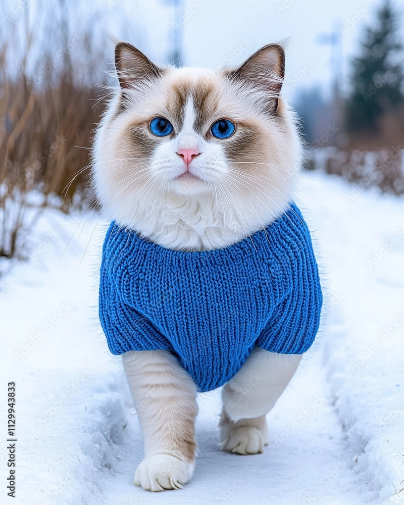 custom made wallpaper toronto digitalCozy pet sweater for snowy cat walks concept. A cat in a blue sweater walks through a snowy pathway