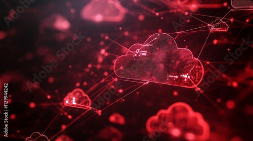 A striking red cloud illustration represents a digital network concept, highlighting the complexity of cloud computing, cybersecurity, and data storage. Perfect for modern tech applications.. AI