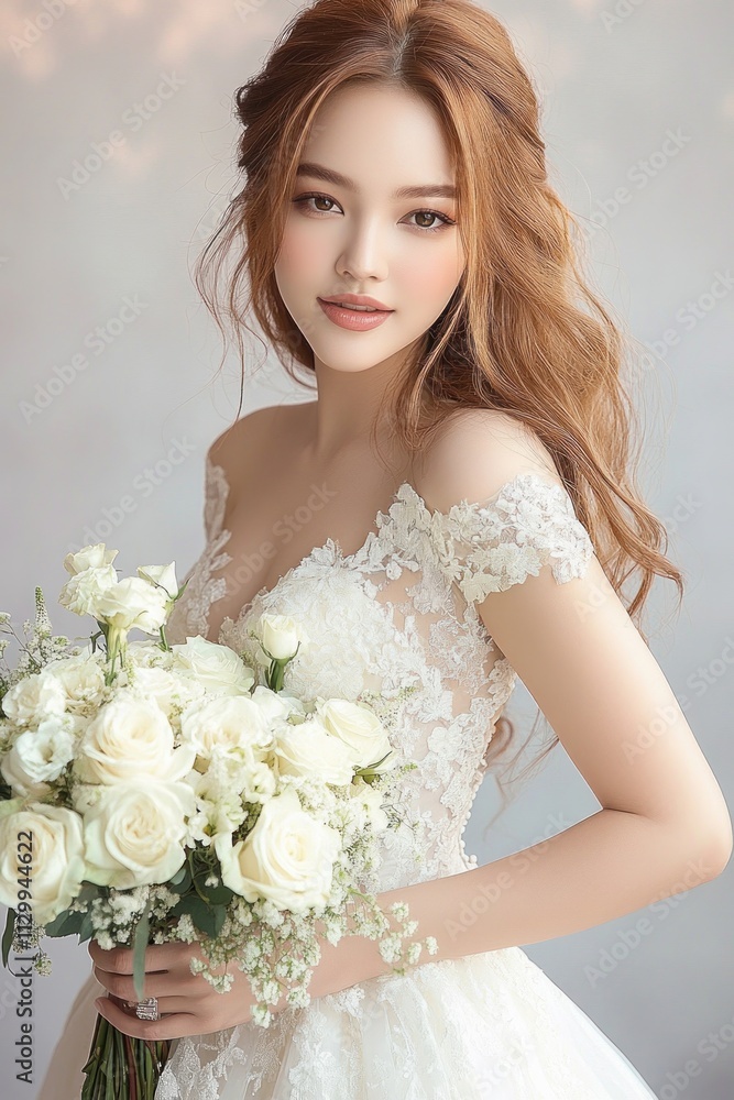 Naklejka premium Elegant Bride Holding White Rose Bouquet in Soft Pastel Wedding Dress Portrait