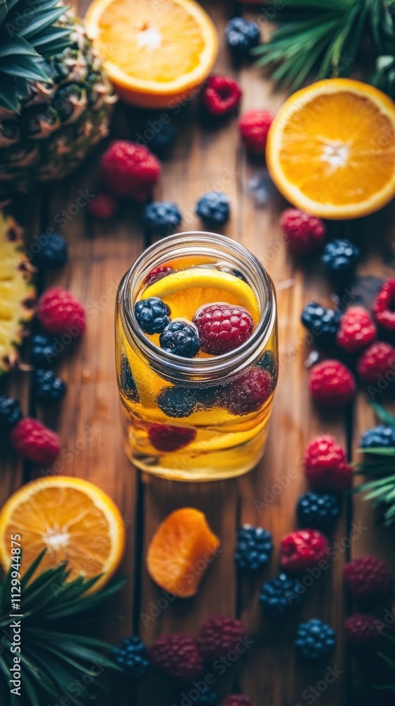 Fototapeta premium A refreshing drink with fruits, surrounded by vibrant berries and citrus slices.