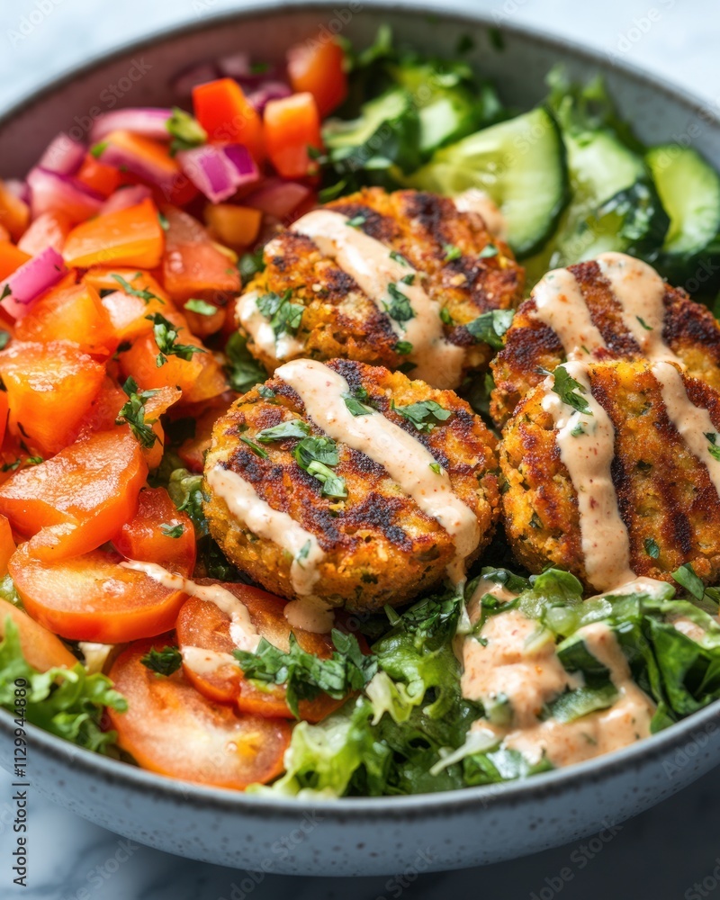 A vibrant bowl of grilled patties on a bed of greens, topped with sauce and fresh vegetables. A vibrant bowl of grilled patties on a bed of greens, topped with sauce and fresh vegetables.