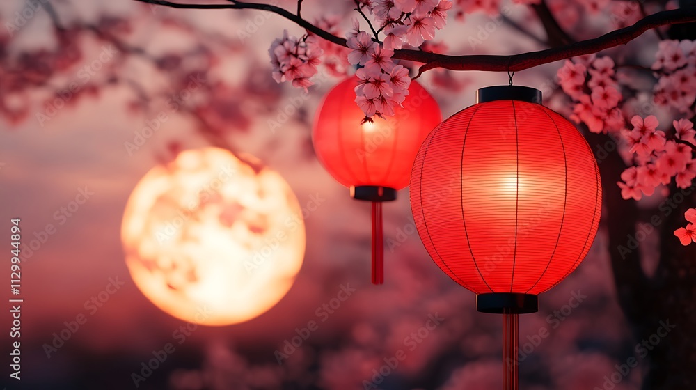 Beautiful Red Lanterns Hanging Under Cherry Blossom Tree During Chinese New Year Celebration with Soft Sunset Glow in the Background Beautiful Red Lanterns Hanging Under Cherry Blossom Tree During Chinese New Year Celebration with Soft Sunset Glow in the Background