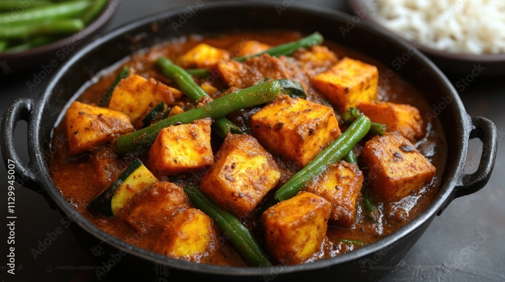 A delicious dish of paneer curry with green beans, served in a black pot. A delicious dish of paneer curry with green beans, served in a black pot.