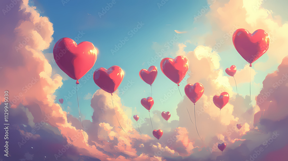 Ai generated illustration of heart-filled balloons gracefully drift apart in a cloud-filled sky. Drift. Illustration Ai generated illustration of heart-filled balloons gracefully drift apart in a cloud-filled sky. Drift. Illustration