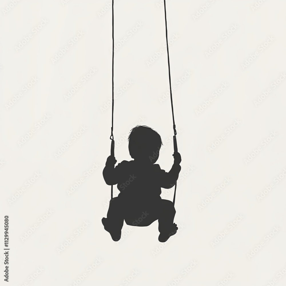 A black and white silhouette depicts a baby child enjoying a swing in a playground setting. The minimalist design highlights the carefree nature of childhood A black and white silhouette depicts a baby child enjoying a swing in a playground setting. The minimalist design highlights the carefree nature of childhood